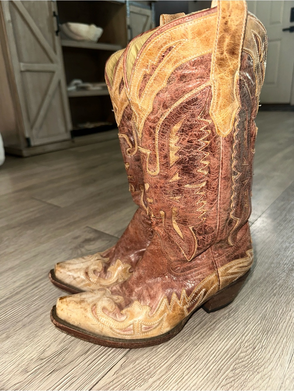 Corral Brown Distressed Leather Eagle Overlay Western Cowgirl Boots Sz 7.5 M